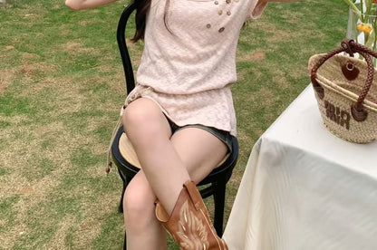 Set: Short Sleeve Cold Shoulder Plain Button Top + Cord Belt