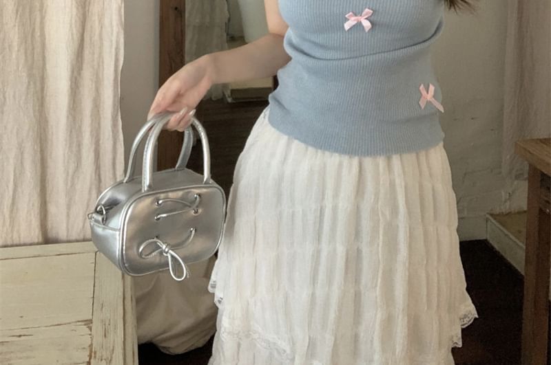 Cap Sleeve Crew Neck Bow Knit Top