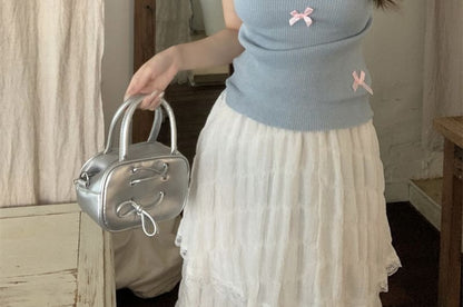 Cap Sleeve Crew Neck Bow Knit Top