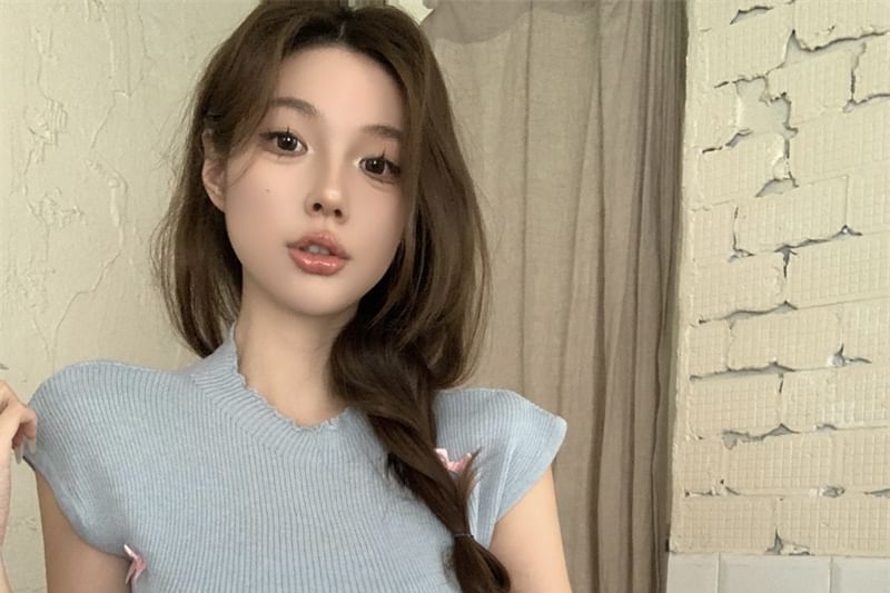 Cap Sleeve Crew Neck Bow Knit Top