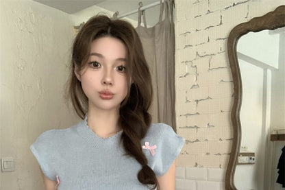 Cap Sleeve Crew Neck Bow Knit Top
