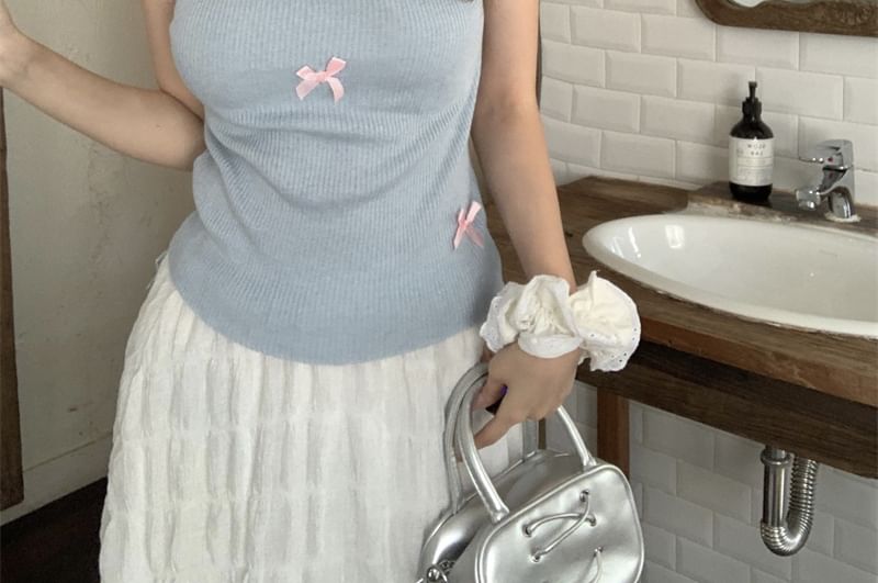 Cap Sleeve Crew Neck Bow Knit Top