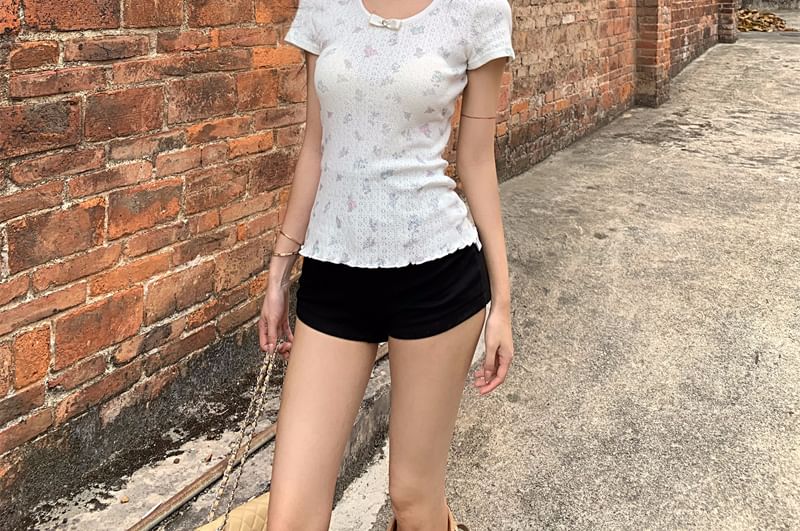 Short Sleeve Round Neck Bow Pointelle T-Shirt
