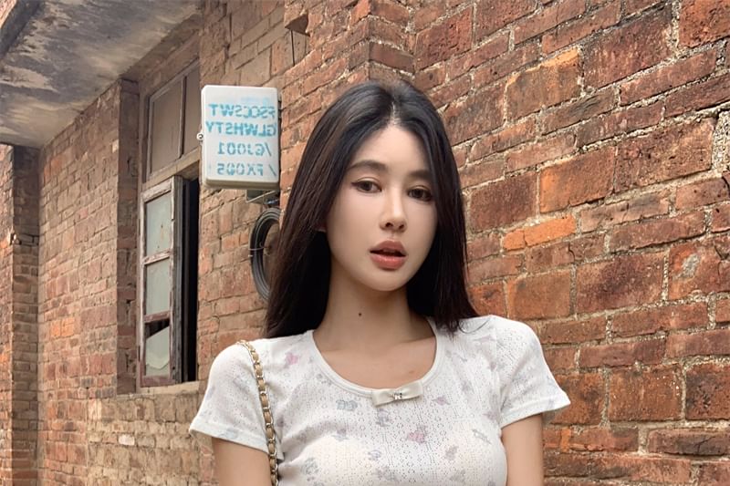 Short Sleeve Round Neck Bow Pointelle T-Shirt