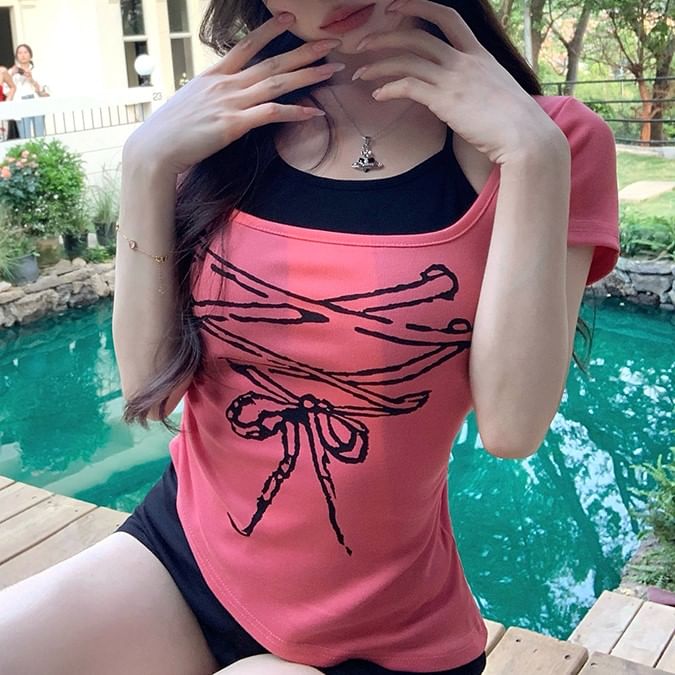 Short Sleeve Patterned Print Mock Two Piece Asymmetrical Tee