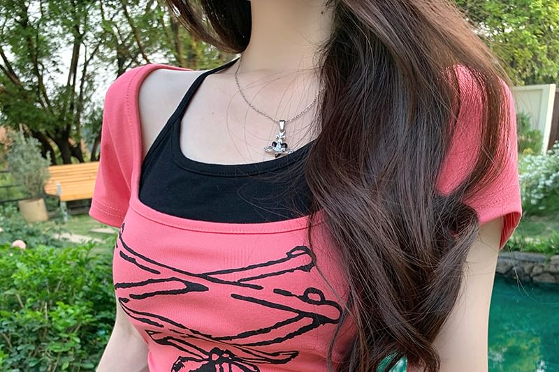 Short Sleeve Patterned Print Mock Two Piece Asymmetrical Tee