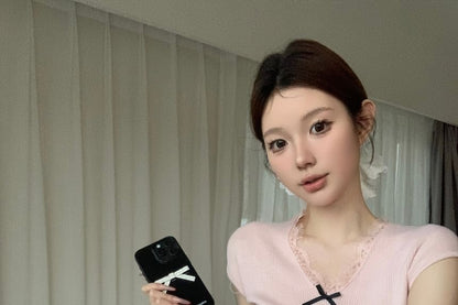 Cap Sleeve V-Neck Plain Bow Lace Trim Knit Top