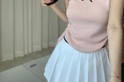 Cap Sleeve V-Neck Plain Bow Lace Trim Knit Top