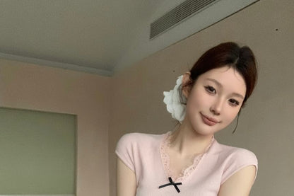 Cap Sleeve V-Neck Plain Bow Lace Trim Knit Top