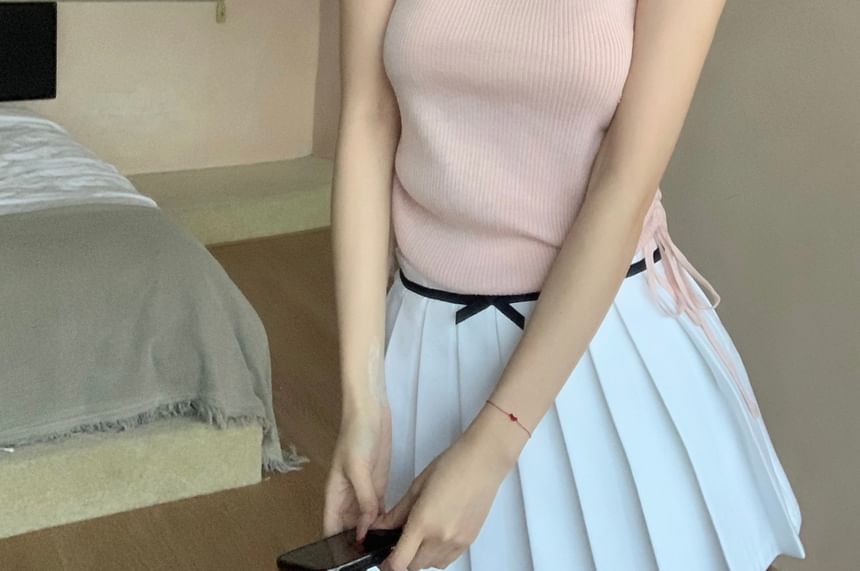 Cap Sleeve V-Neck Plain Bow Lace Trim Knit Top