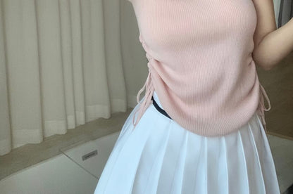 Cap Sleeve V-Neck Plain Bow Lace Trim Knit Top