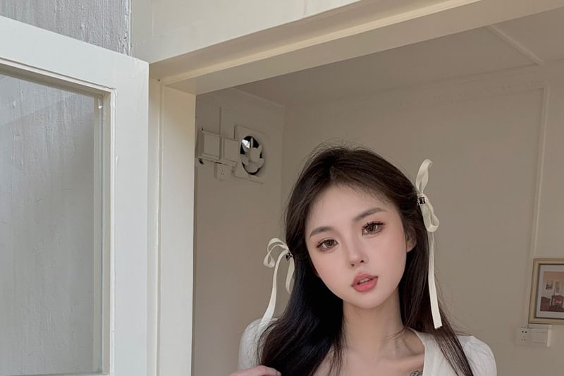 Short Sleeve Square Neck Plain Ruched Mock Two Piece Top