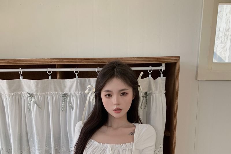 Short Sleeve Square Neck Plain Ruched Mock Two Piece Top