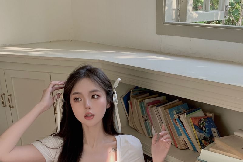 Short Sleeve Square Neck Plain Ruched Mock Two Piece Top