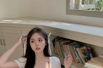 Short Sleeve Square Neck Plain Ruched Mock Two Piece Top