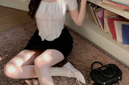 Short Sleeve Square Neck Plain Ruched Mock Two Piece Top