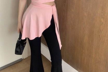 Cap Sleeve Crew Neck Plain Mock Two Piece Asymmetrical T-Shirt / High Waist Plain Flared Pants