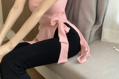 Cap Sleeve Crew Neck Plain Mock Two Piece Asymmetrical T-Shirt / High Waist Plain Flared Pants