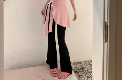 Cap Sleeve Crew Neck Plain Mock Two Piece Asymmetrical T-Shirt / High Waist Plain Flared Pants