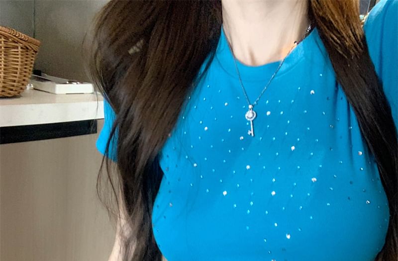 Short Sleeve Round Neck Plain Rhinestone T-Shirt