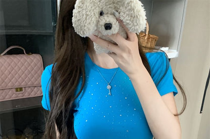 Short Sleeve Round Neck Plain Rhinestone T-Shirt