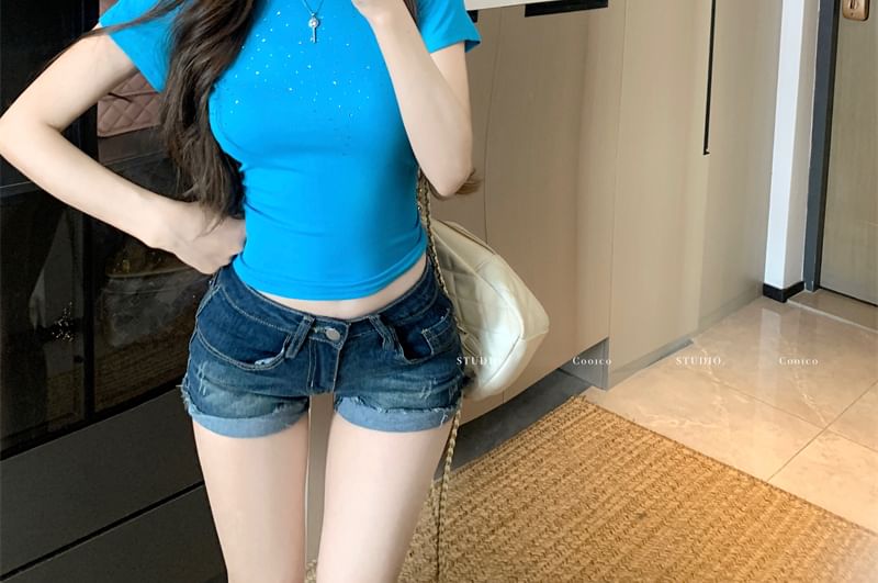 Short Sleeve Round Neck Plain Rhinestone T-Shirt