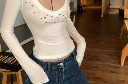 Short Sleeve Deep Plunge Plain Studded Tee