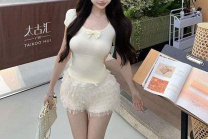 Short Sleeve Scoop Neck Plain Bow Tee / High Waist Plain Tiered Lace Shorts