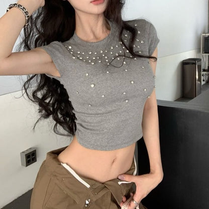 Short-Sleeve Crewneck Rhinestone Crop Tee