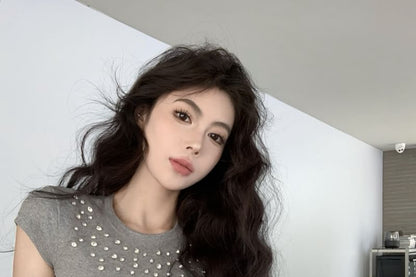 Short-Sleeve Crewneck Rhinestone Crop Tee