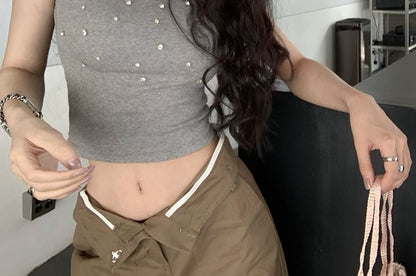 Short-Sleeve Crewneck Rhinestone Crop Tee