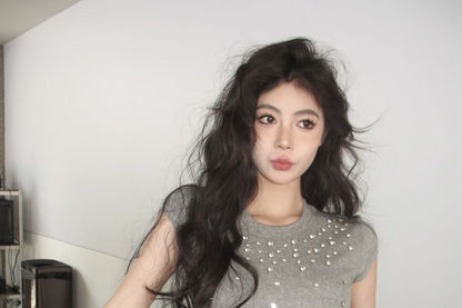 Short-Sleeve Crewneck Rhinestone Crop Tee