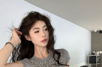 Short-Sleeve Crewneck Rhinestone Crop Tee