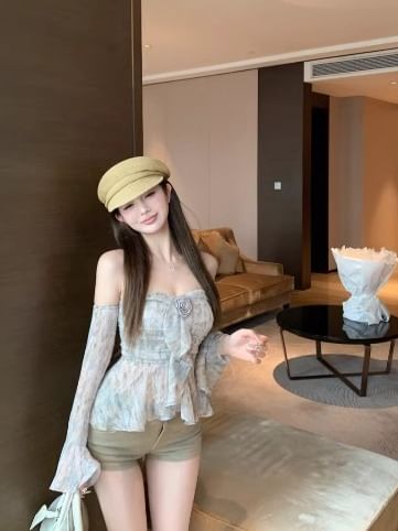 Long-Sleeve Off Shoulder Floral Print Crop Top