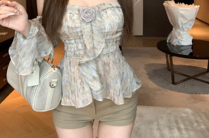 Long-Sleeve Off Shoulder Floral Print Crop Top