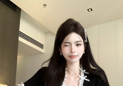 Cap-Sleeve V-Neck Bow Accent Plain Top