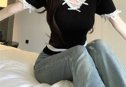 Cap-Sleeve V-Neck Bow Accent Plain Top