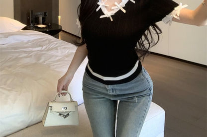 Cap-Sleeve V-Neck Bow Accent Plain Top