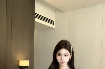 Cap-Sleeve V-Neck Bow Accent Plain Top