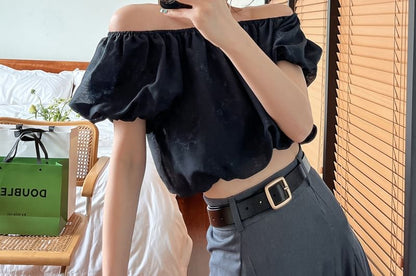 Puff-Sleeve Off Shoulder Plain Crop Blouse
