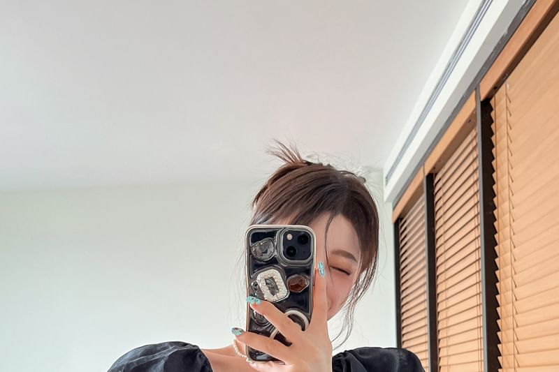 Puff-Sleeve Off Shoulder Plain Crop Blouse