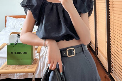 Puff-Sleeve Off Shoulder Plain Crop Blouse