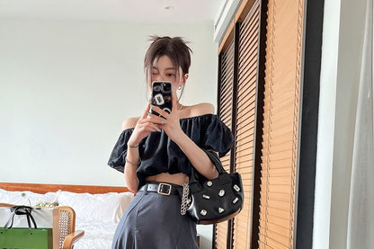 Puff-Sleeve Off Shoulder Plain Crop Blouse