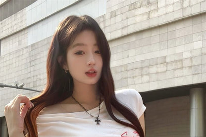 Short-Sleeve Lettering T-Shirt / Lace Waistband Wide Leg Pants