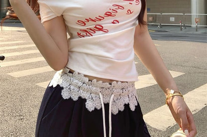 Short-Sleeve Lettering T-Shirt / Lace Waistband Wide Leg Pants