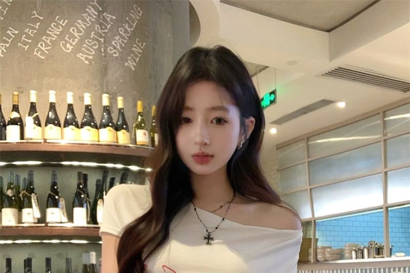 Short-Sleeve Lettering T-Shirt / Lace Waistband Wide Leg Pants