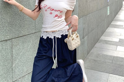 Short-Sleeve Lettering T-Shirt / Lace Waistband Wide Leg Pants