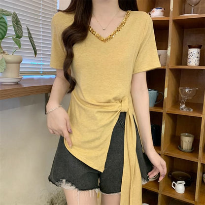 Short-Sleeve V-Neck Lace Trim Asymmetrical Plain Top