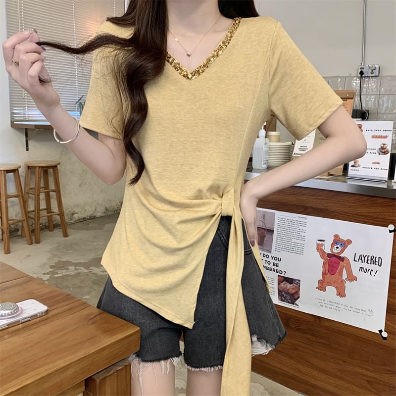 Short-Sleeve V-Neck Lace Trim Asymmetrical Plain Top