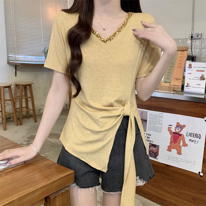 Short-Sleeve V-Neck Lace Trim Asymmetrical Plain Top